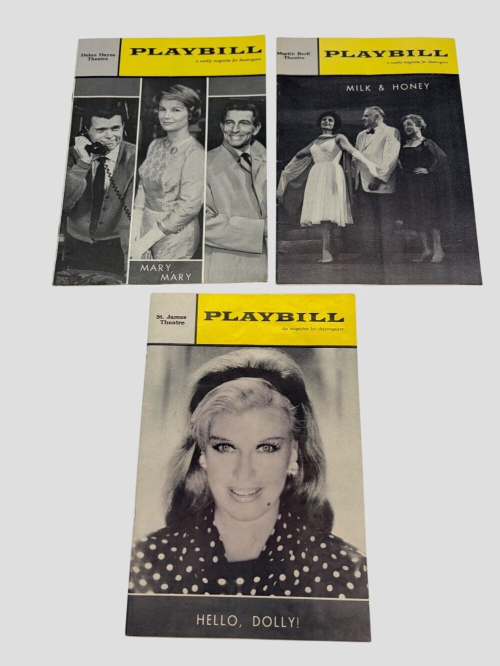 Vintage Broadway Playbill Trio 1961-65 Mary Mary Milk & Honey Hello Dolly Rogers